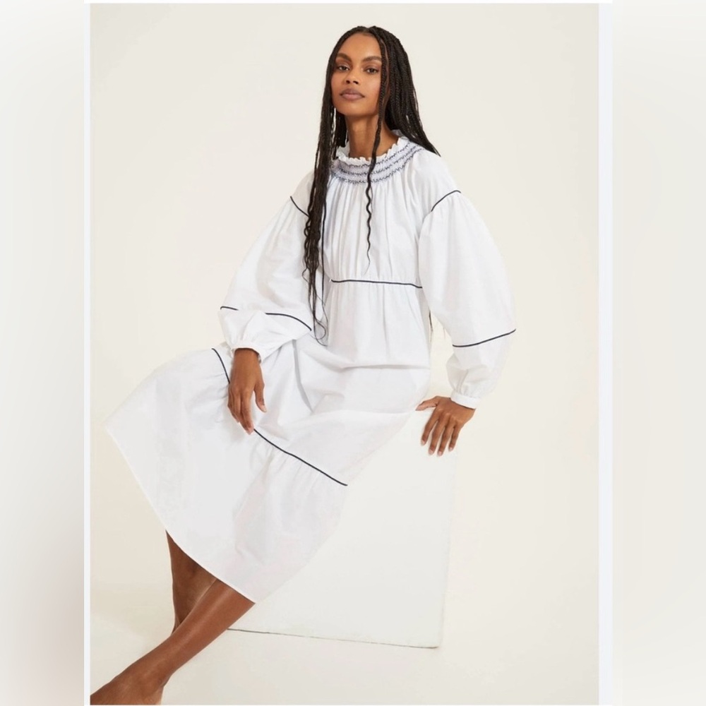 NEW SOMETHING NAVY White Smocked Puff long Sleeve Cotton Midi Dress Cottagecore